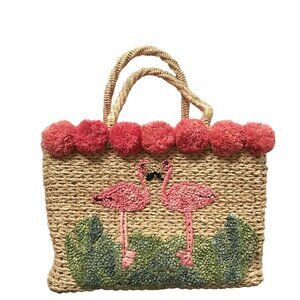 Serpui Marie July Flamingo Straw Tote Bucket Bag Purse Womens Pink Tan Pom Poms